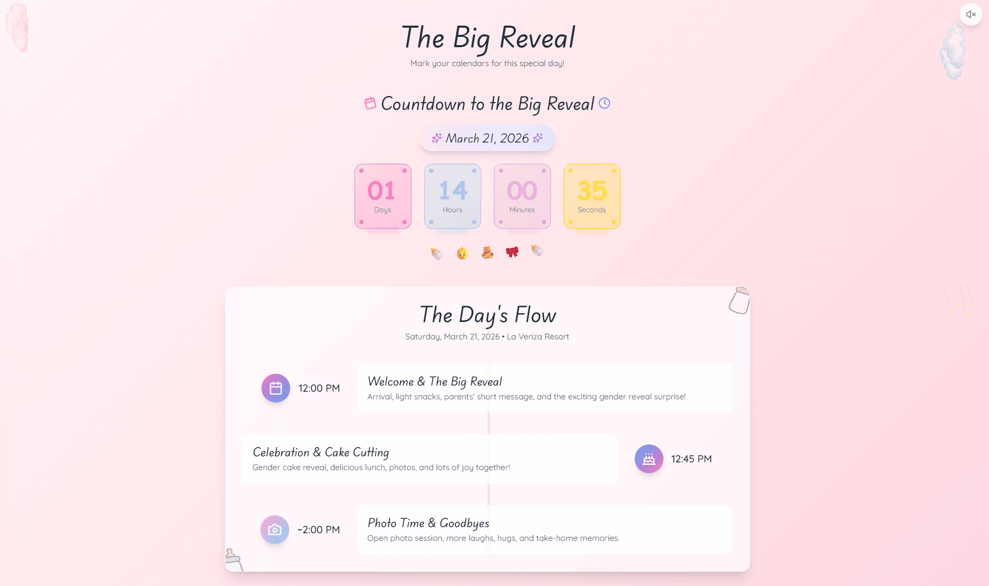 Live countdown timer showing days, hours, minutes, and seconds until the gender reveal event