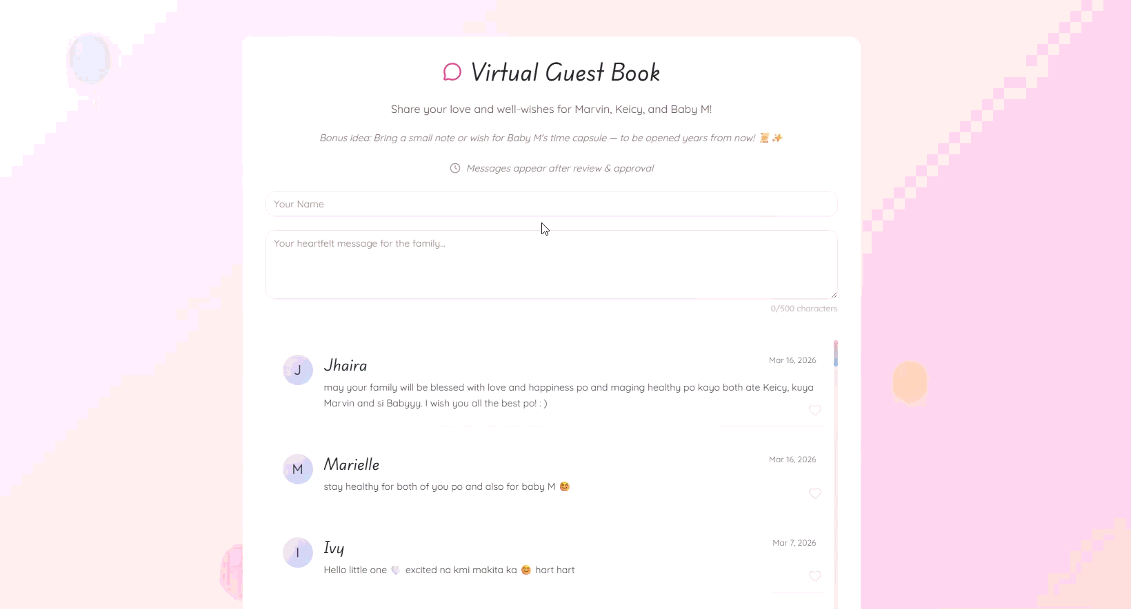 Guestbook message submission form open to all visitors to write a message to Baby M or the parents