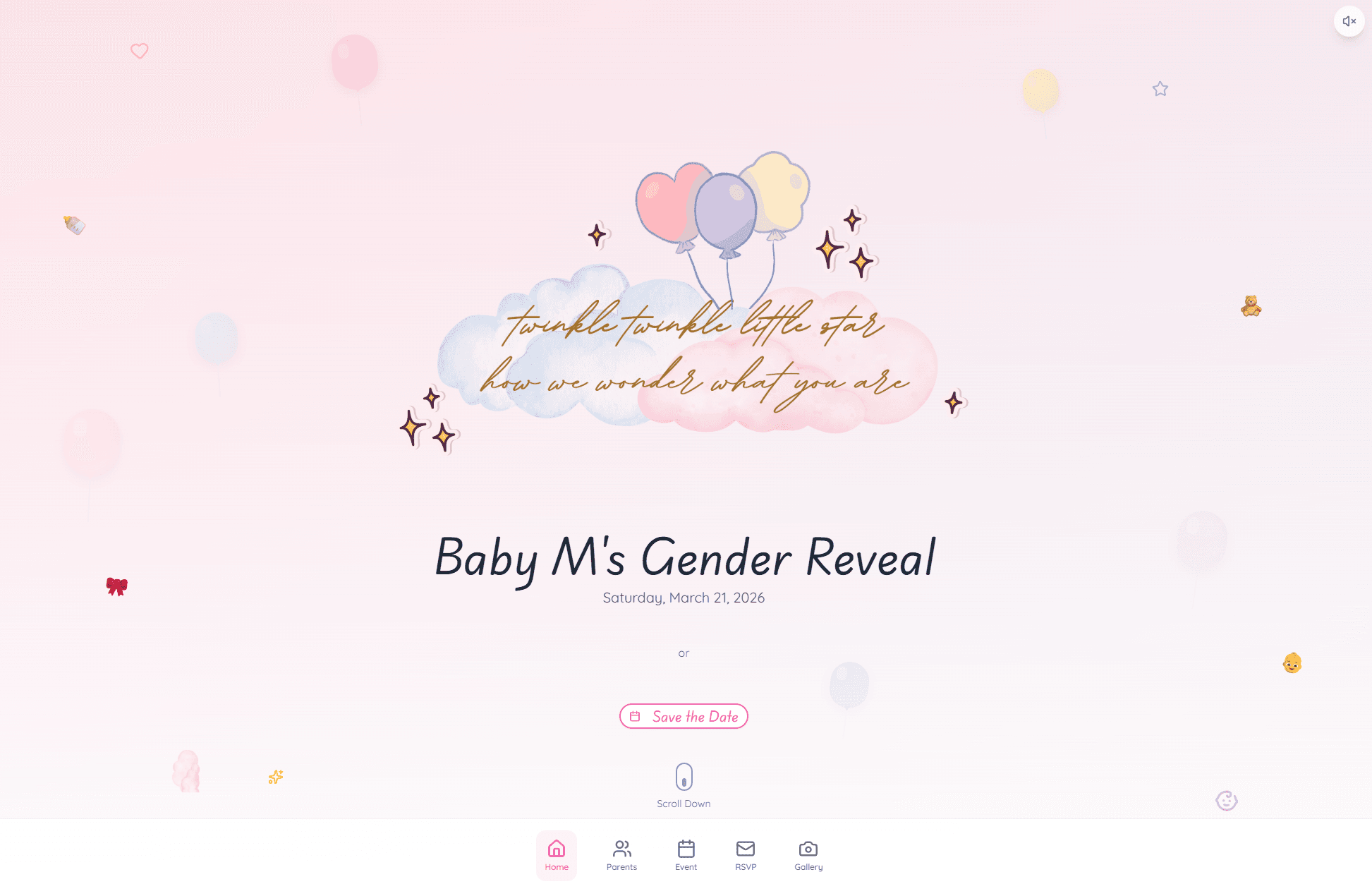 Hero landing section with Marvin & Keicy's names, Baby M announcement, and ambient music playing