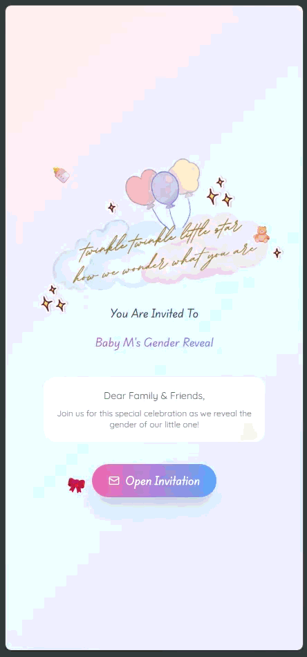Mobile-responsive view of the full Baby M gender reveal website showing all sections on a smartphone screen