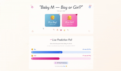 Gender prediction poll section showing Team Boy and Team Girl vote buttons with live percentage results