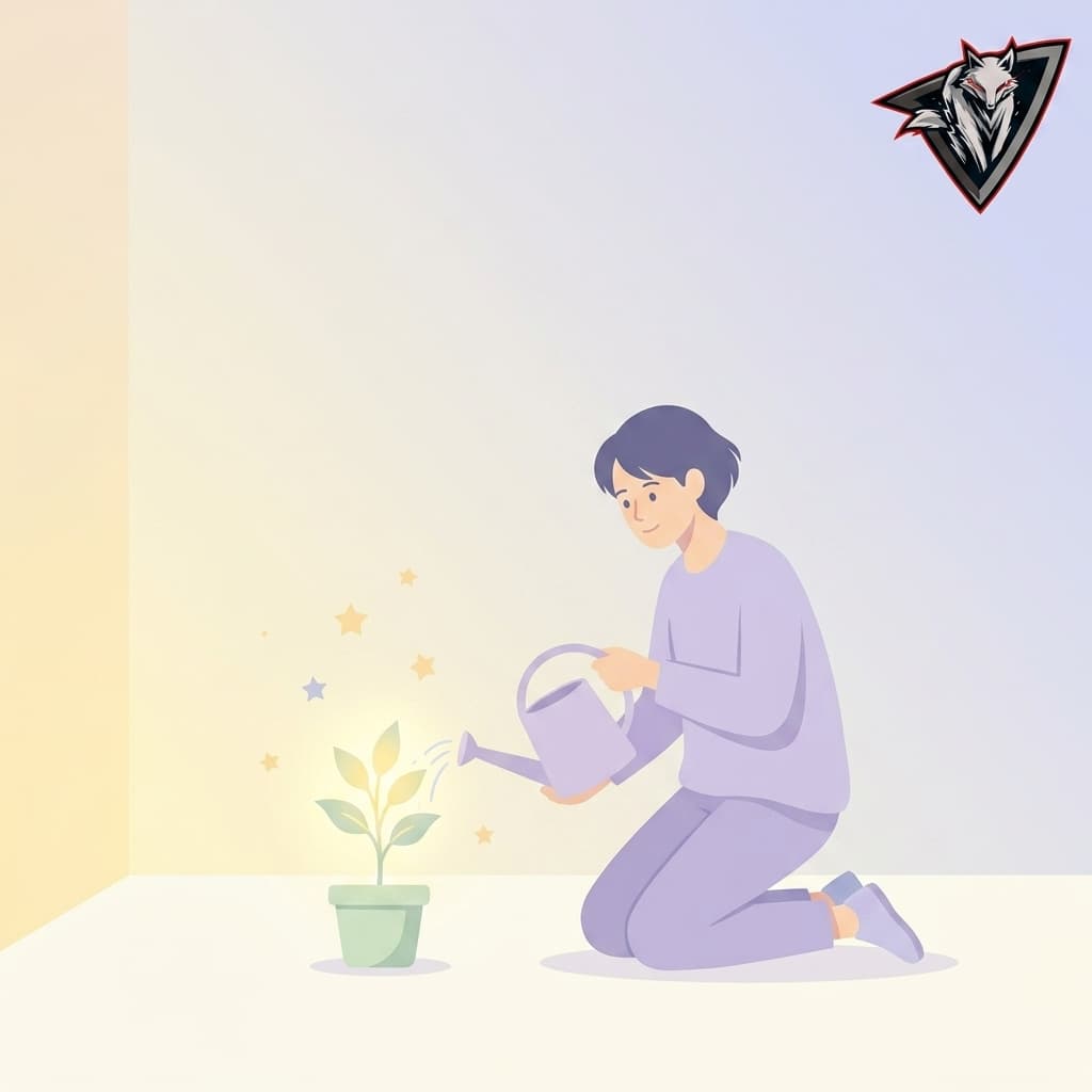 A calming, soft-toned illustration of a small, healthy plant growing in a safe and protected space