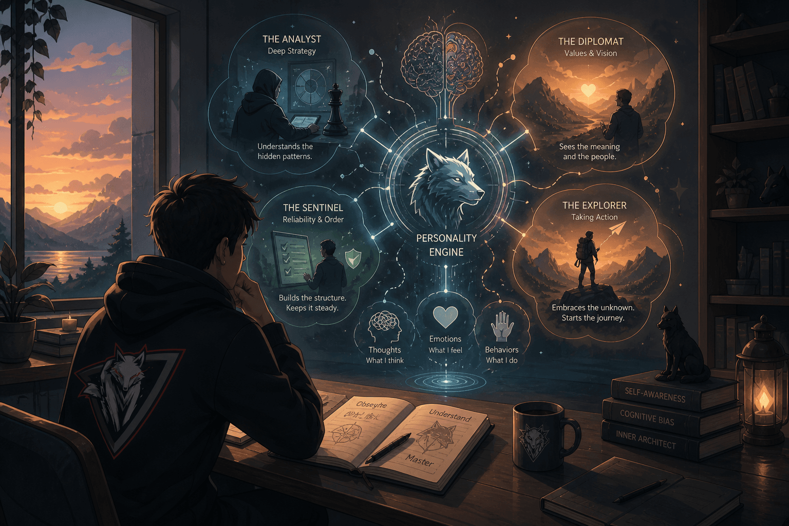 An illustration of a developer and a wolf in front of a computer