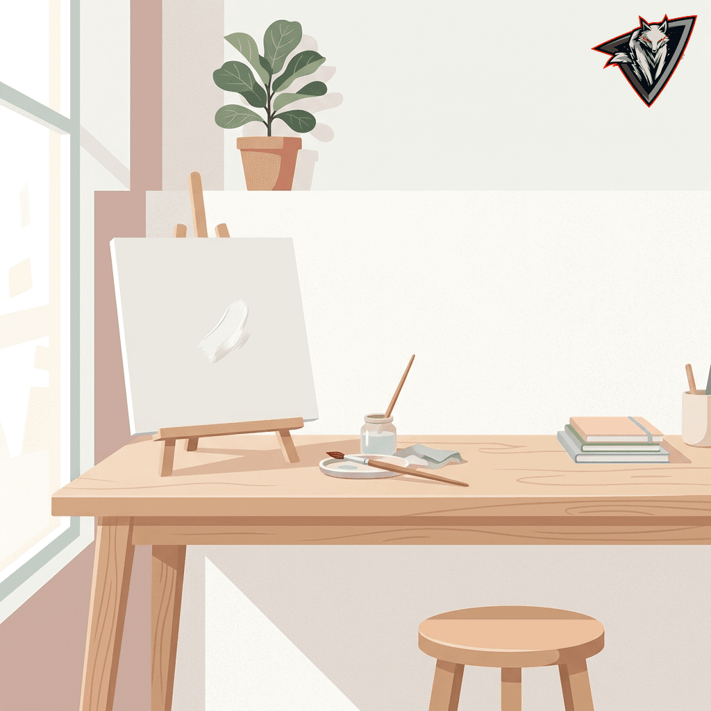 A clean, minimalist workspace with a sketchbook and digital tools, representing a balanced creative process