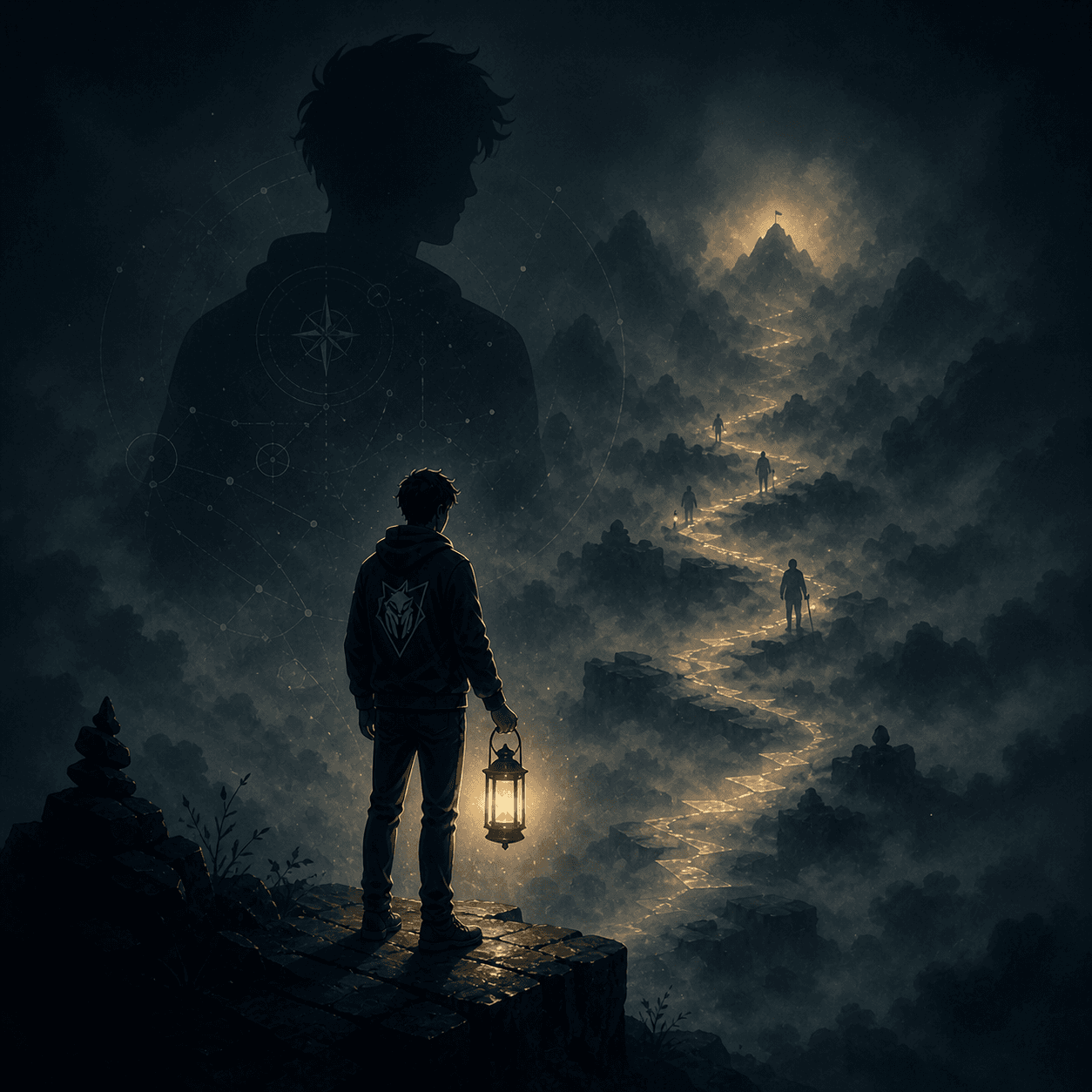 A beautiful illustration of a figure navigating through a soft, luminous fog