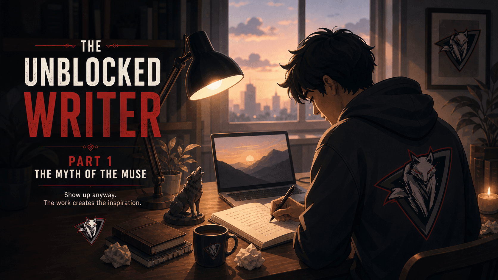 A beautiful, soft-toned illustration of a writer's desk with a single glowing lamp