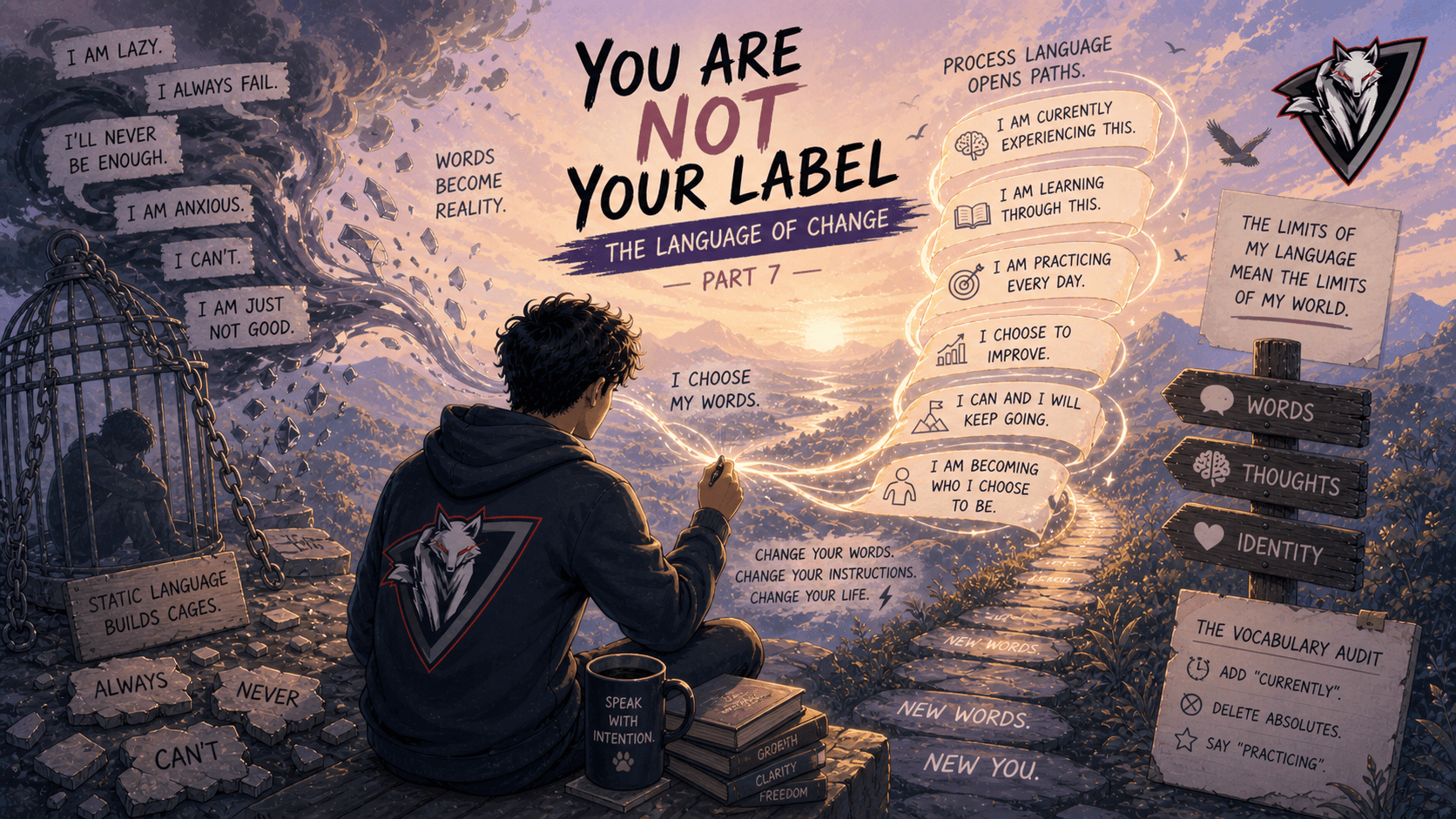 A beautiful, abstract illustration of words and symbols flowing and transforming
